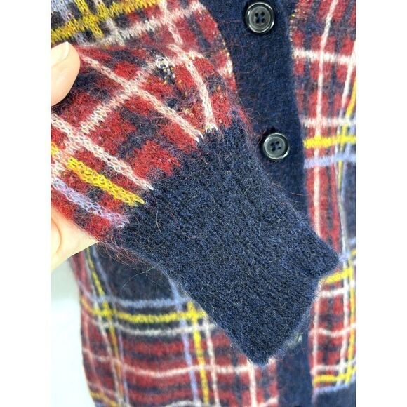J Crew Womens Cardigan Sweater Small Red Blue Plaid Wool Mohair Pockets Buttons - Picture 8 of 13